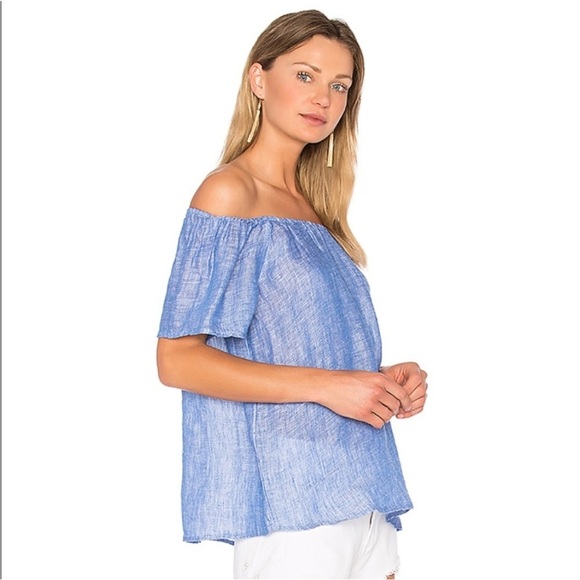 Joie Blue Linen Chambray Off The Shoulder Babydoll Flutter Top - Picture 2 of 9